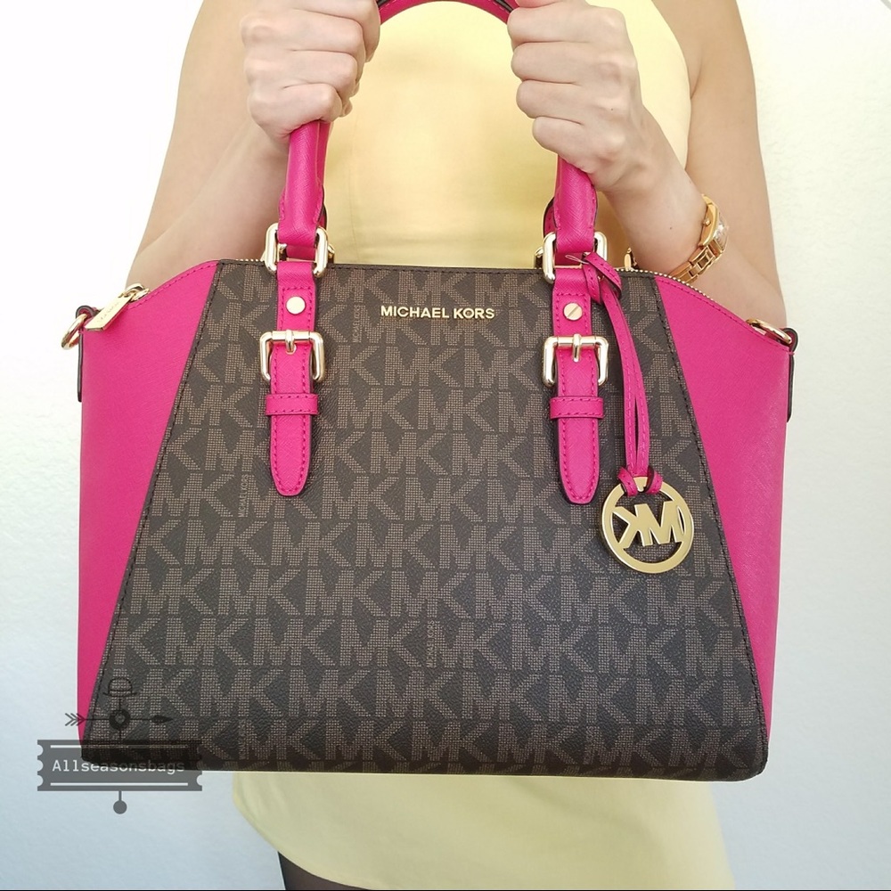 NWT Michael KORS Ciara Large satchel brown pink - Picture 2 of 8